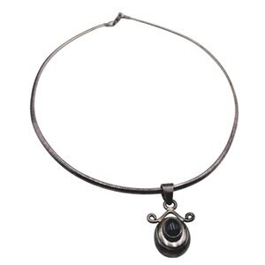 Vintage Italy Sterling Silver 925 Omega Chain Necklace Scroll Cabochon‎ Pendant